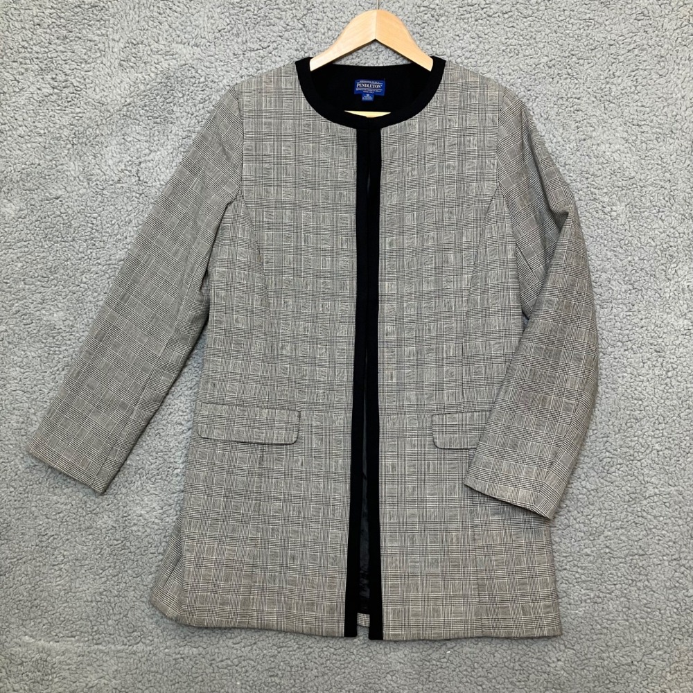 VTG Pendleton Blazer Jacket Women 10 Black Plaid 100% Virgin‎ Wool Long Lined